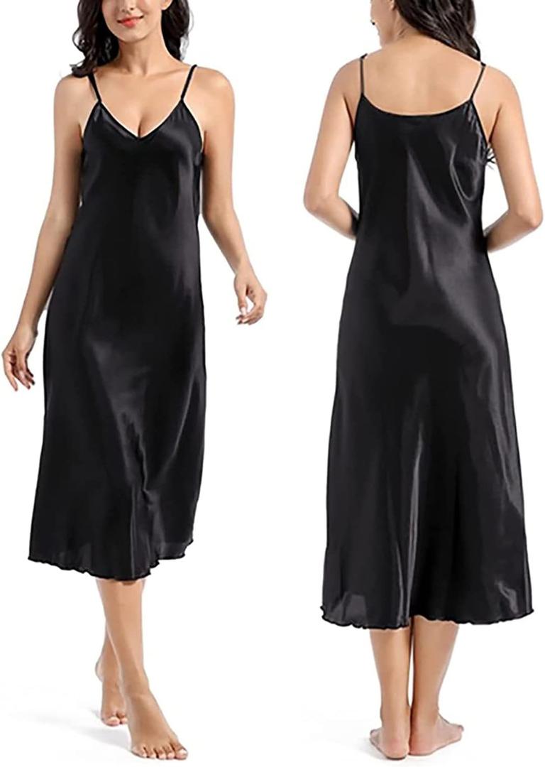 Womens Satin Nightgown Silk Slip Dress Sleepwear Sexy V Neck Negligee Lingerie Long Nightwear (Medium, 569-black)