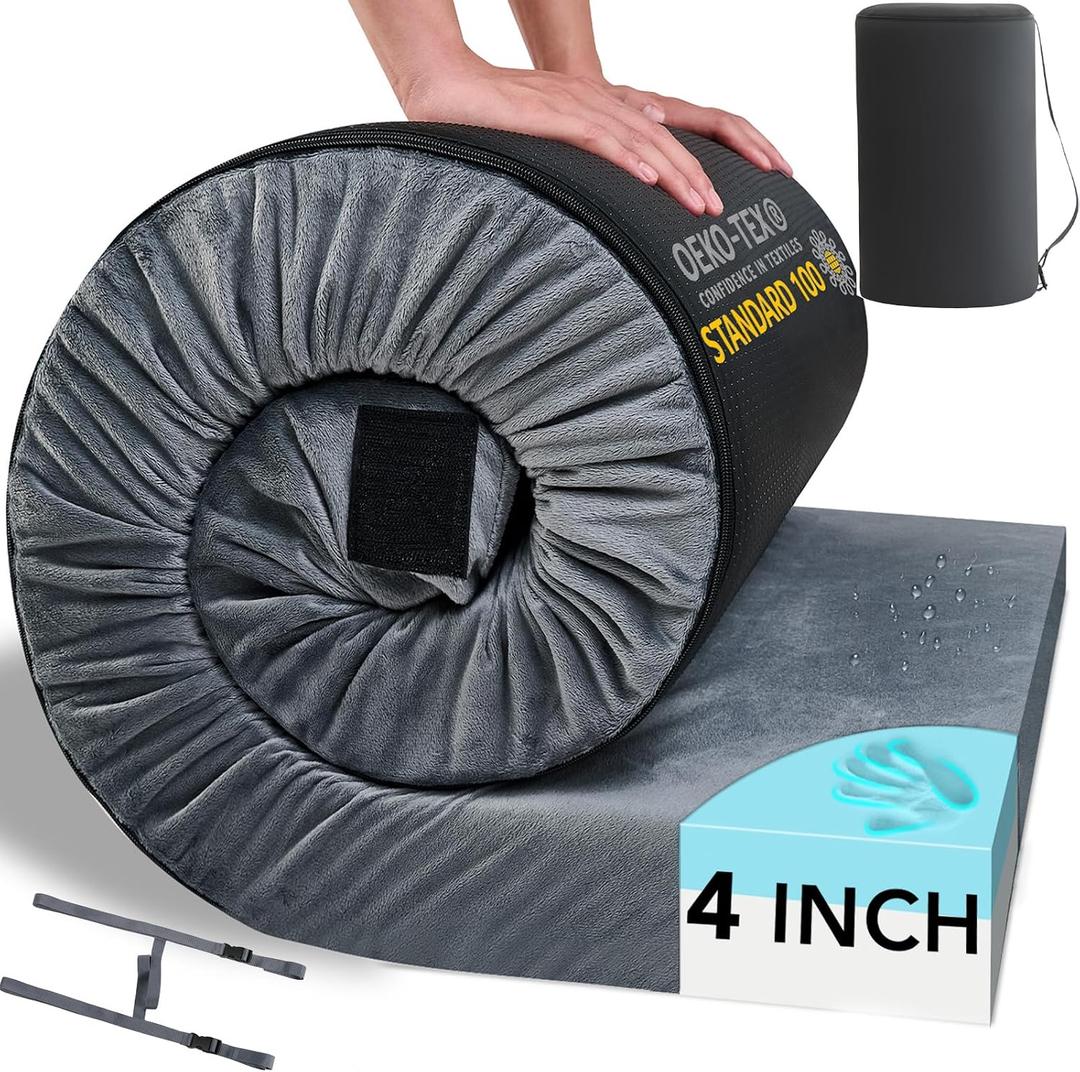 HomeMate Memory Foam Camping Mattress Pad: Portable Car Sleeping Pad | Roll Up Floor Mattress for Camping Cot Tent Truck Travel, Non-Slip Waterproof Sleeping Mat for Adults Guests