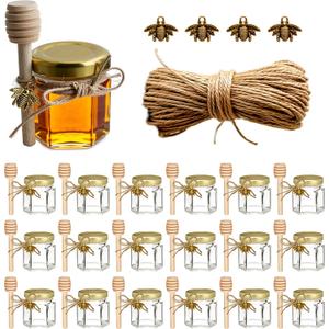 Adabocute Mini Honey Jars - Hexagon Little Glass Honey Jar with Gold Lids, Wooden Dippers, Bee Charms and Jutes - Small Honey Jars for Baby Showers, 20Pack