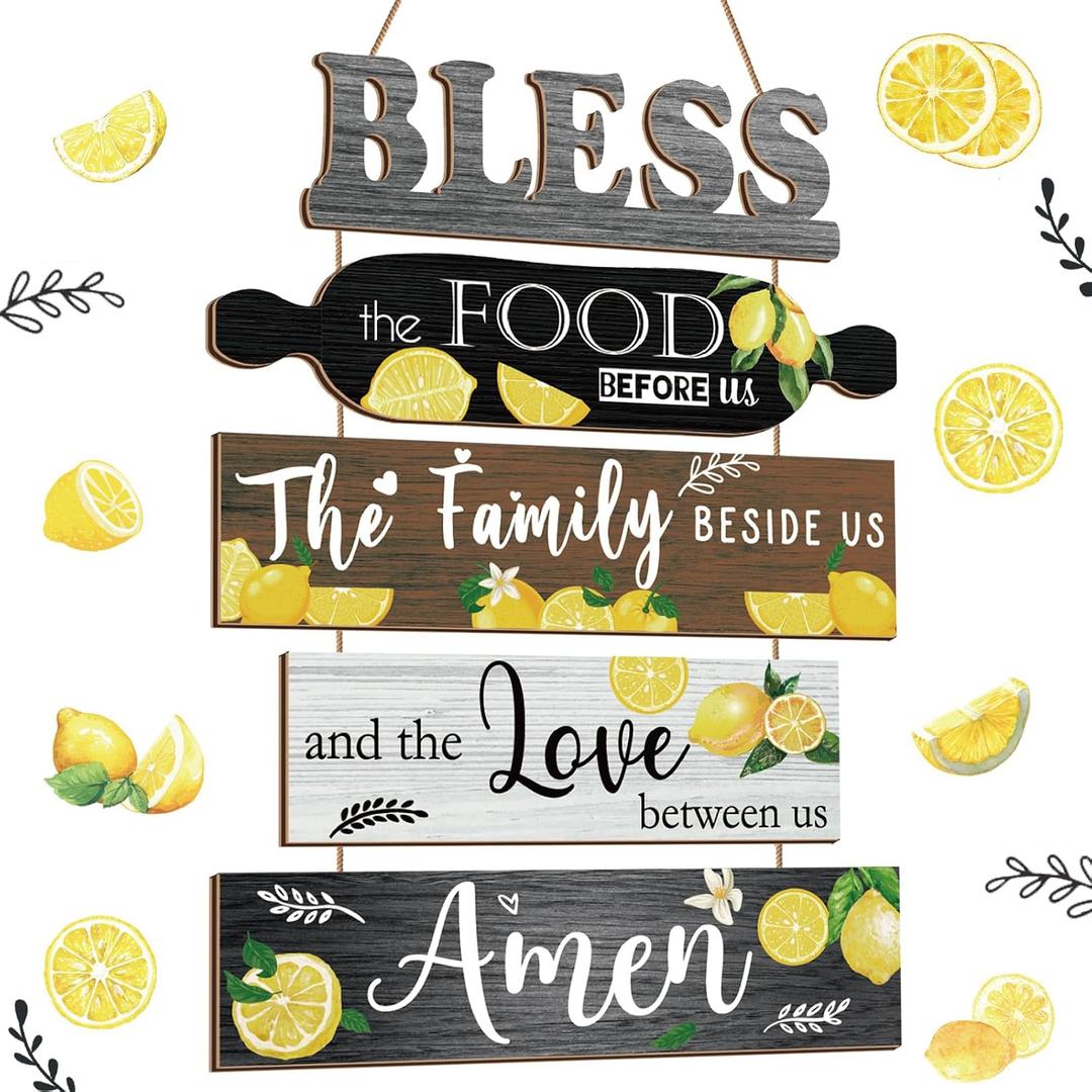 Wesiti 5 Pieces Kitchen Wall Decor Bless the Food Before Us Sign Farmhouse Rustic Dining Room Wall Art Wooden Hanging Signs for Kitchen Decor Hanging Plaque for Home(Lemon)