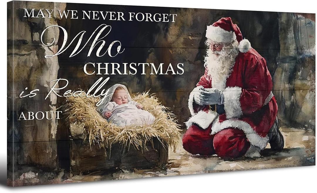 Vintage Christmas Wall Art for Living Room Santa Claus and Baby Jesus Pictures Wall Decor Christian Religious Canvas Prints Watercolor Painting Spiritual Poster Artwork Bedroom Home Decorations 20x40"