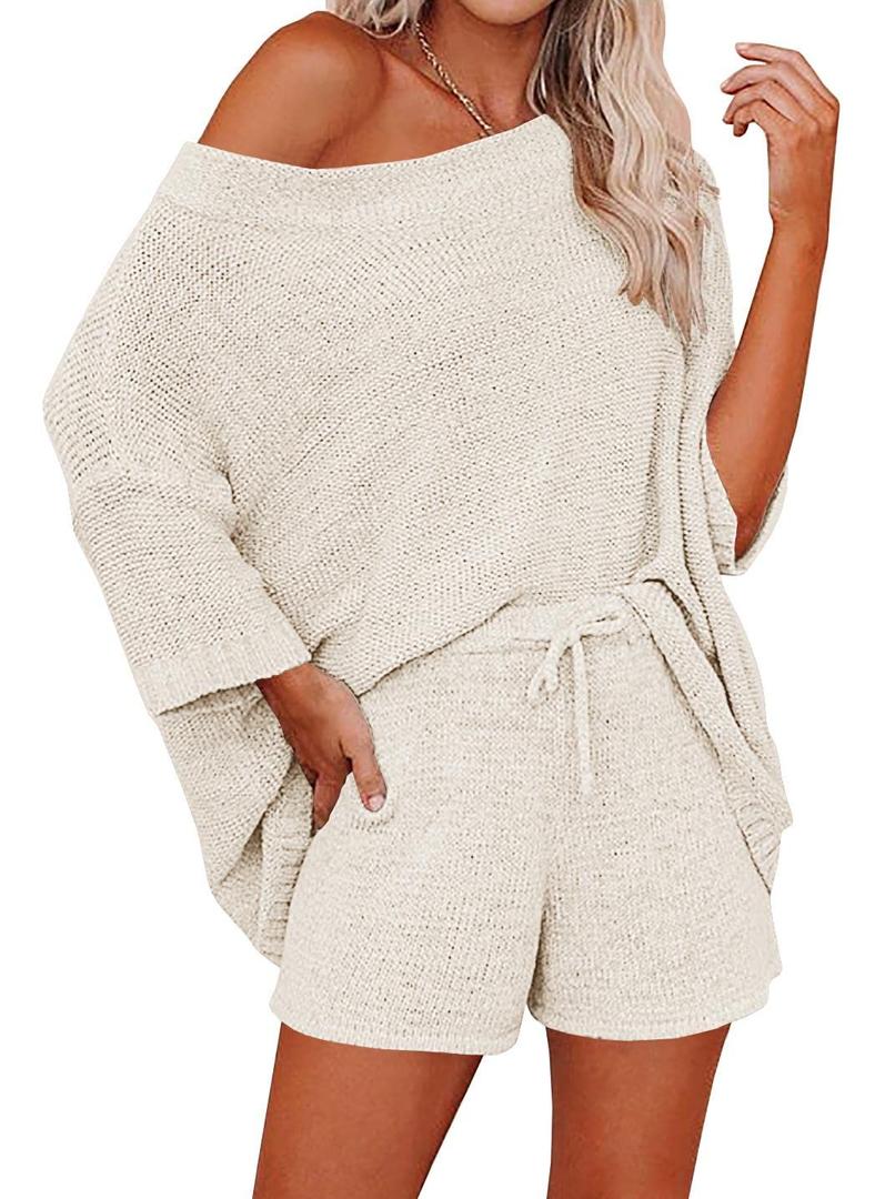 Ermonn Womens 2 Piece Outfits Sweater Sets Off Shoulder Knit Tops Waist Short Suits Casual Pajama Set M