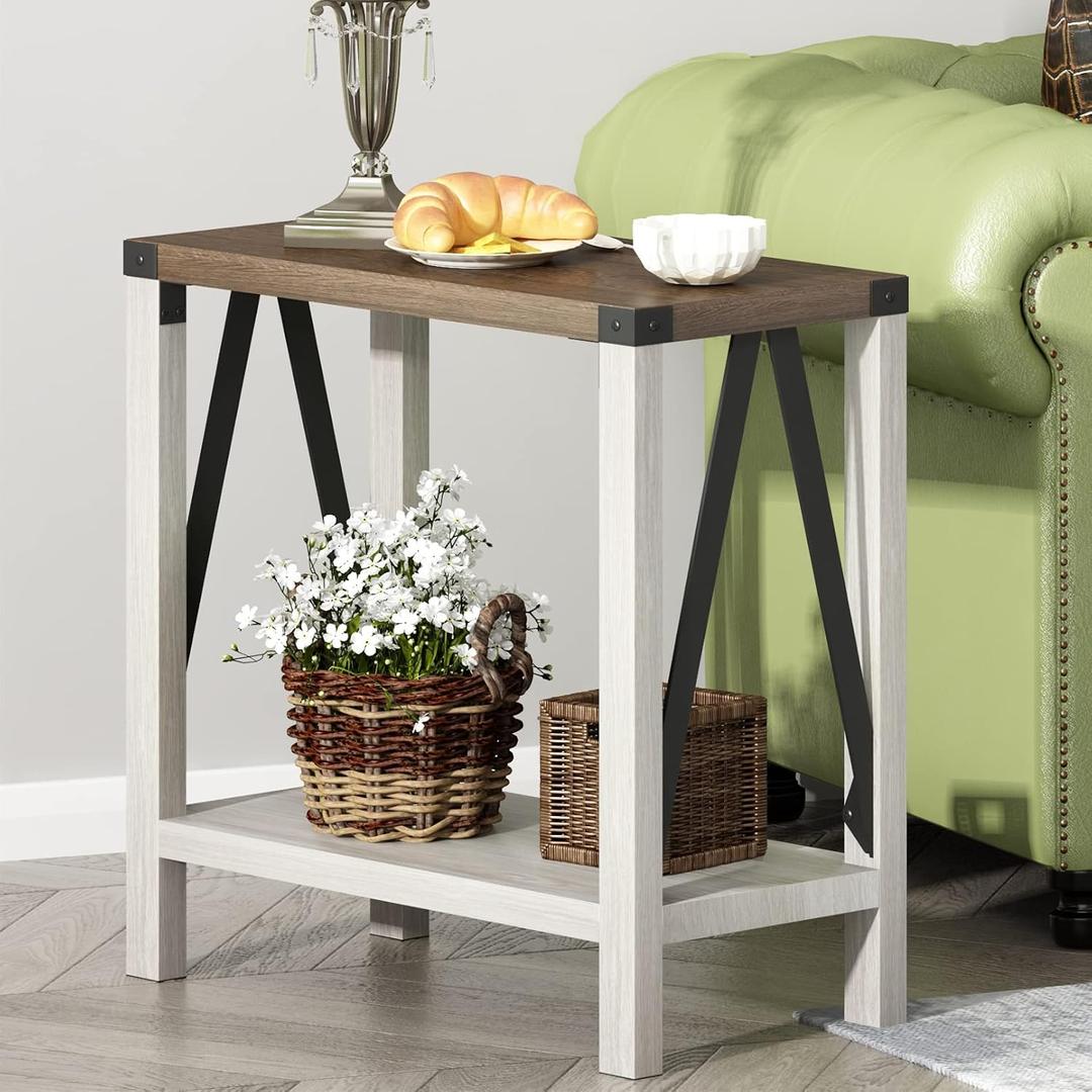 ChooChoo Farmhouse End Table for Small Spaces, Narrow Side End Table with Storage Shelf, Rustic A-Design Nightstand Sofa Table for Living Room, Bedroom (White & Brown), 1 Pack