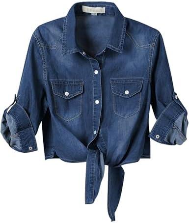 Omoone Women's 3/4 Sleeve Denim Crop Top Tie Knot Shirt Cardigan Size XL