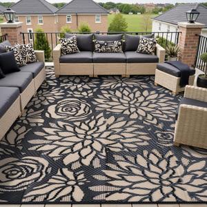 Outdoor Plastic Straw Rug Waterproof Patio 8x10 Black Brown Floral Mat for Porch Camping RV Balcony Deck Courtyard Reversible Lightweight Durable Portable Carpet 8' x 10' (Rectangular), Floral | Brown