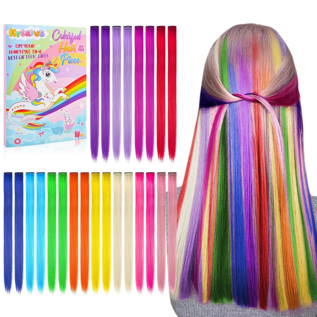 Valentine Day Gift for Girl Toy 24PC Colored Clip in Hair Extension Age 4 5 6 7 8-10-12 Year Old, 20Inch Colorful Hair Accessories Rainbow Hairpieces Birthday for Girls Easter Basket Stuffer