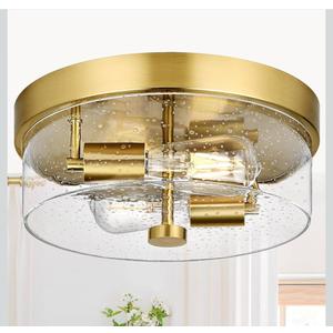 Flush Mount Ceiling Light Fixtures, 2-Light Gold Ceiling Mount for Farmhouse with Seeded Glass Lampshade, Industrial Flush Mount Light Fixture Farmhouse for Hallway, Kitchen, Entryway and Foyer