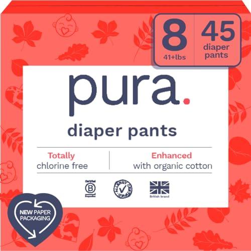 Pura Hypoallergenic Diaper Pants Size 8 (41+ lbs) Overnight, up to 12 Hours Leak Protection, Suitable for Sensitive Skin, Totally Chlorine Free, Soft Organic Cotton, 3 Packs of 15 (45 Pull Up Pants)