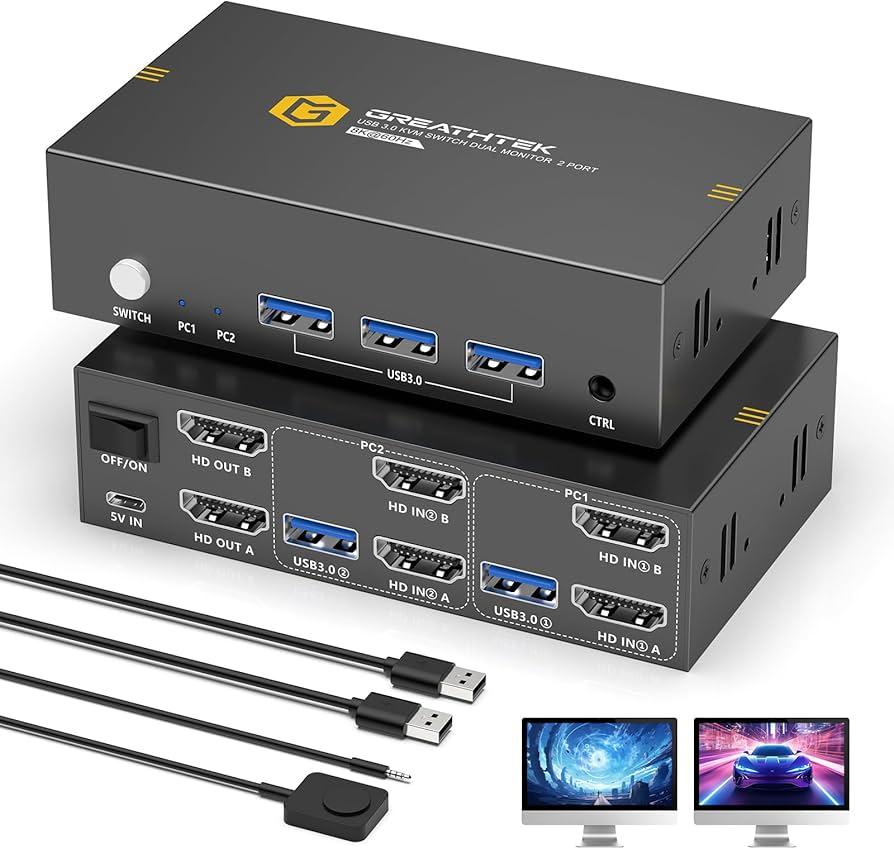 8K HDMI KVM Switch 2 Monitors 2 Computers,8K@60HZ USB3.0 Dual Monitors KVM Switches for 2 PC/Laptops Share Mouse Keyboard and 2 Screens,with 2 USB Cables/Controller,EDID Adapative,Plug&Play