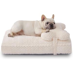 Soft Touch Faux Fur Dog Bed for Medium to Large Sized Dogs 8.5" Extra Thick, Orthopedic Pet Bed with Waterproof Liner and Washable Cover, with Removable Cute Pillow, Cream Color