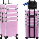 5 in 1 Professional Makeup Train Case Aluminum Cosmetic Case Rolling Makeup Case ExtraLarge Storage Organizer with Key Swivel Wheels Salon Barber Case for Make Up Nail Hairstylists, Pink