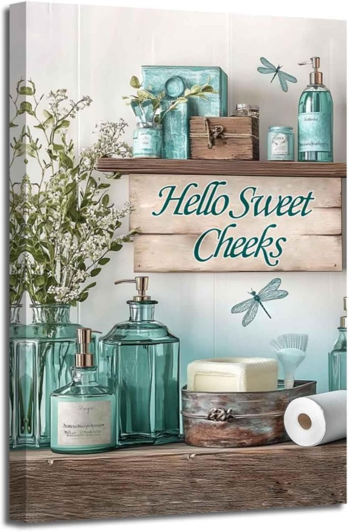 XLMDYYSW Teal Bathroom Wall Art Funny Bathroom Sign Canvas Pictures Farmhouse Flower Poster Prints Rustic Bathroom Painting for Toilet Decor Framed (Teal, 16.00" x 24.00")
