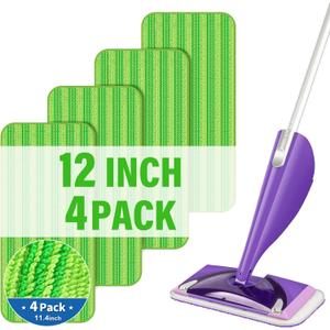 12 inch Mop Pads Refills, 4 Pack Microfiber Reusable Replacement Flat Replacements Heads for Wet Dry Floor Cleaning, Green Cloth