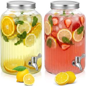 SiliFine 2 Pieces 1 Gallon Plastic Beverage Dispenser with Spigot Striped Clear Large Drink Beverage Dispenser Summer Fridge Water Container with Tap for Party Iced Tea, Sangria, Lemonade (Silver)