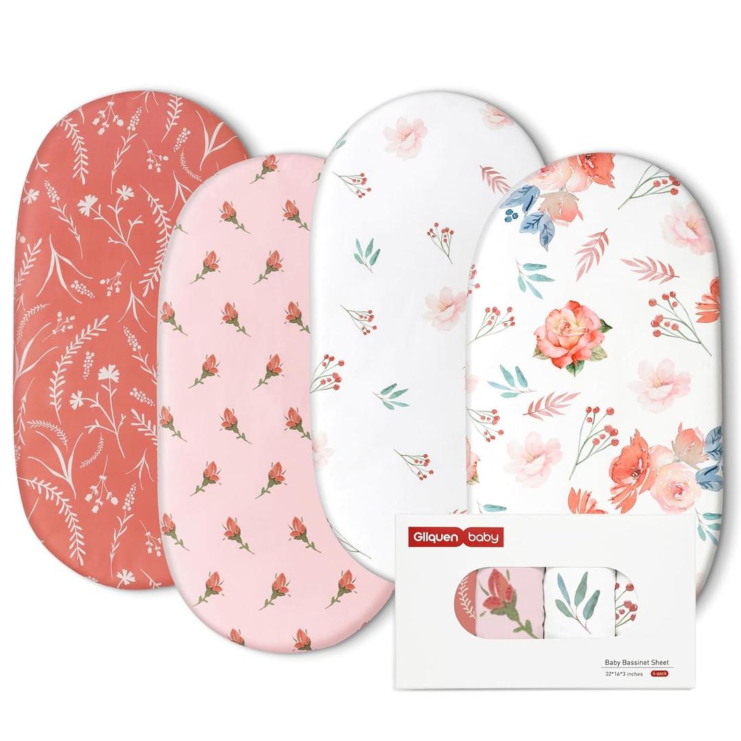 Gllquen Baby Bassinet Sheets 4 Pack, Breathable Cozy Fitted Mattress Sheet, Elastic Travel Crib Fashionable Floral Pattern, Standard Cradle Safe Sheets for Baby Boys Girls 32"x16" (Flower) Gllquen Baby Bassinet Sheets 4 Pack, Breathable Cozy Fitted Mattress Sheet, Elastic Travel Crib Fashionable Floral Pattern, Standard Cradle Safe Sheets for Baby Boys Girls 32"x16" (Flower)