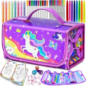 56 PCS Washable Scented Markers Set with Glitter Pencil Case, Mermaid Unicorn Arts and Crafts for kids 4-6-8 Kids Coloring Drawing Kits for 4-8 Years Old Girls Birthday Gifts