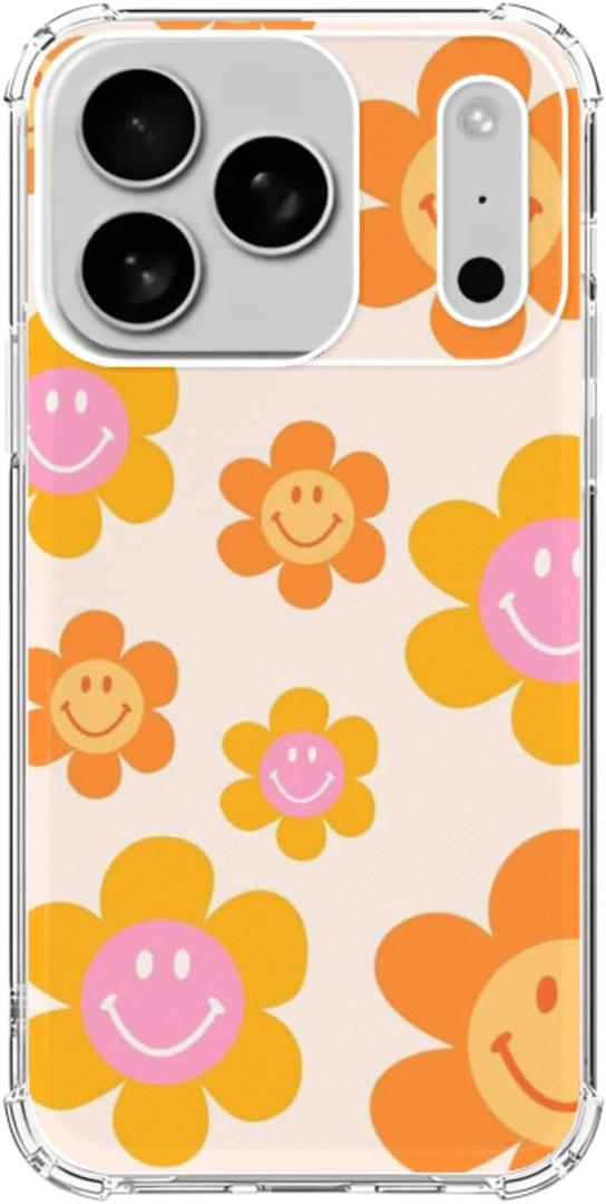 Indie Smile Face Flower Daisy Power Phone Case Compatible with iPhone 17 Pro, Retro 90s Orange Case for iPhone 17 Pro, Trendy Design TPU Bumper Cover Case
