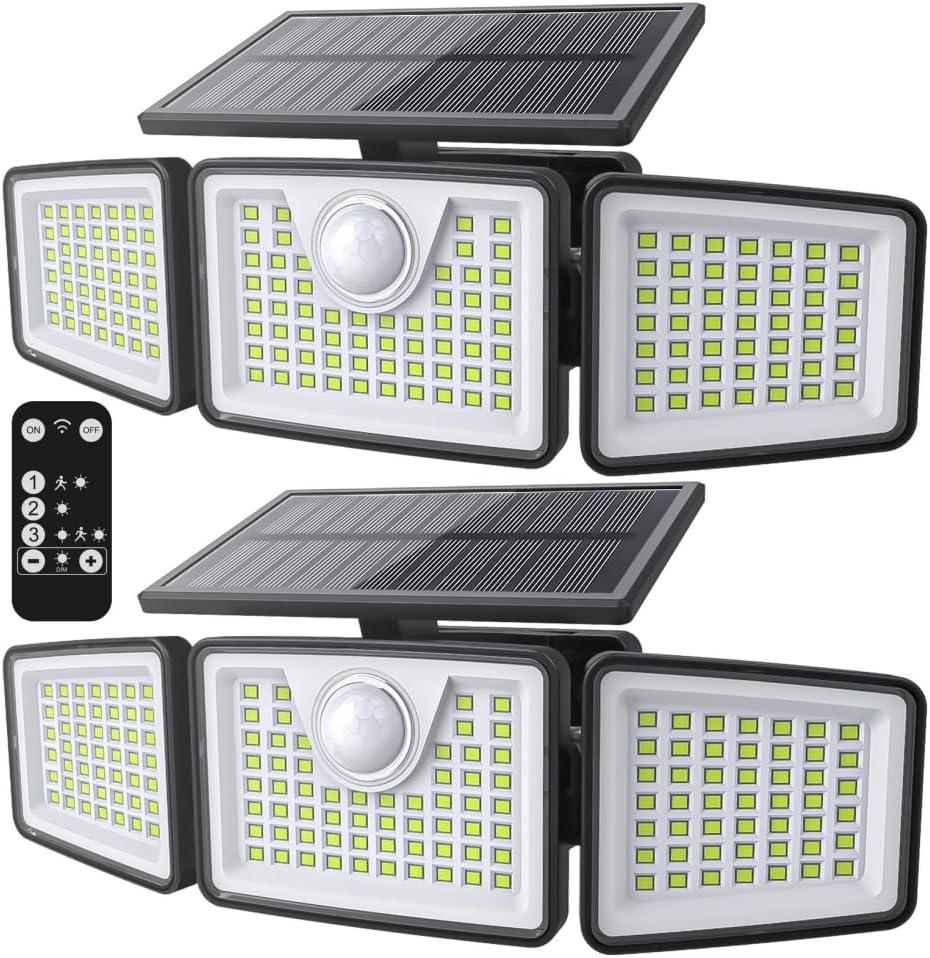 daphino 2500LM Solar Lights Outdoor with Motion Sensor,3 Head 270 Wide Angle Street Area Lights,IP65 Waterproof Security Lighting with 3 Modes(Remote,2 Pcs)