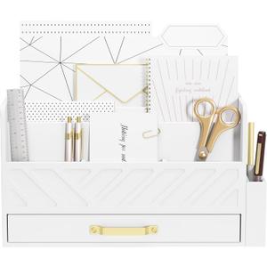 WISUCART Bamboo Desk Organizer Mail Holder Countertop Wood Desk Drawer Tabletop Storage Box Pen Holder Letter Sorter Makeup Organizer for School Home Office Supplies with Pen Holder White