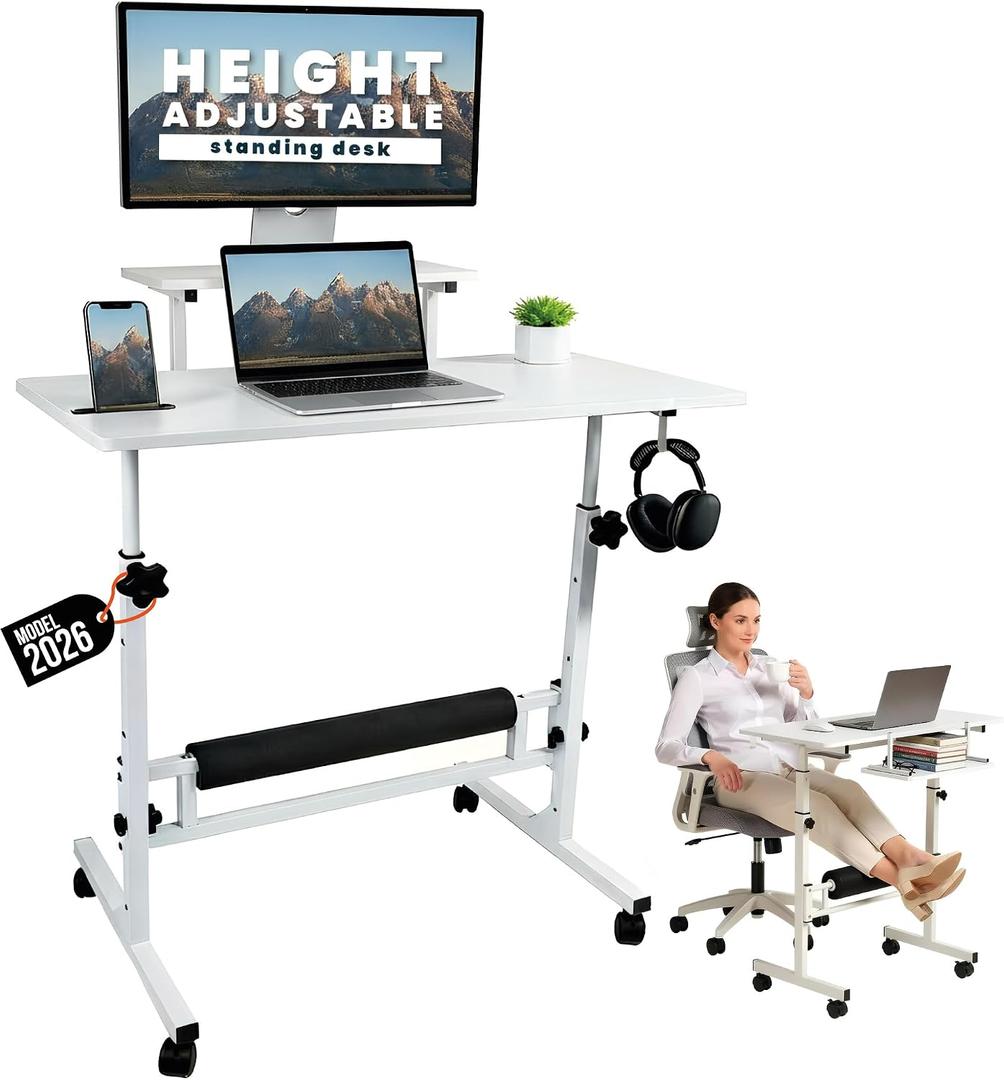 Model 2026 Adjustable Height Rolling Desk With Wheels Portable Compact Laptop Table Mobile Workstation For Study Office Small Space Standing Desk Ergonomic Writing Surface Modern Home Furniture White, X-Large