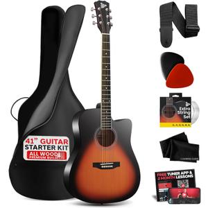 Pyle Steel String Acoustic Guitar Kit, 4/4 Full Size Cutaway All-Wood Guitarra Acustica with Premium Accessory Set and Upgraded Gig Bag, 41" Sunburst Teardrop Matte