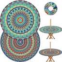 2pc Bohemian Round Outdoor Tablecloth with Umbrella Hole, Retro Fitted Table Cover with Zipper, Waterproof Windproof Umbrella Table Cloth with Elastic(45''-54'')