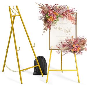 Snughome 45.7" Gold Easel Stand for Sign, Heavy Duty Metal Display Easel with Drawstring Bag, 4-Tier Adjustable Height Art Easel for Wedding Signs, Painting, Posters & Mirrors