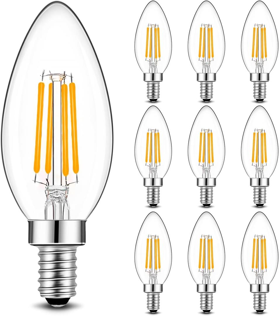 BRIMAX B11 E12 LED Candelabra Bulbs 60W Equivalent, 6W Dimmable LED Candle Light Bulbs, 2700K Warm White, LED Filament Clear Glass Light Bulbs for Chandelier Celling Fans and Fixtures,Pack of 10