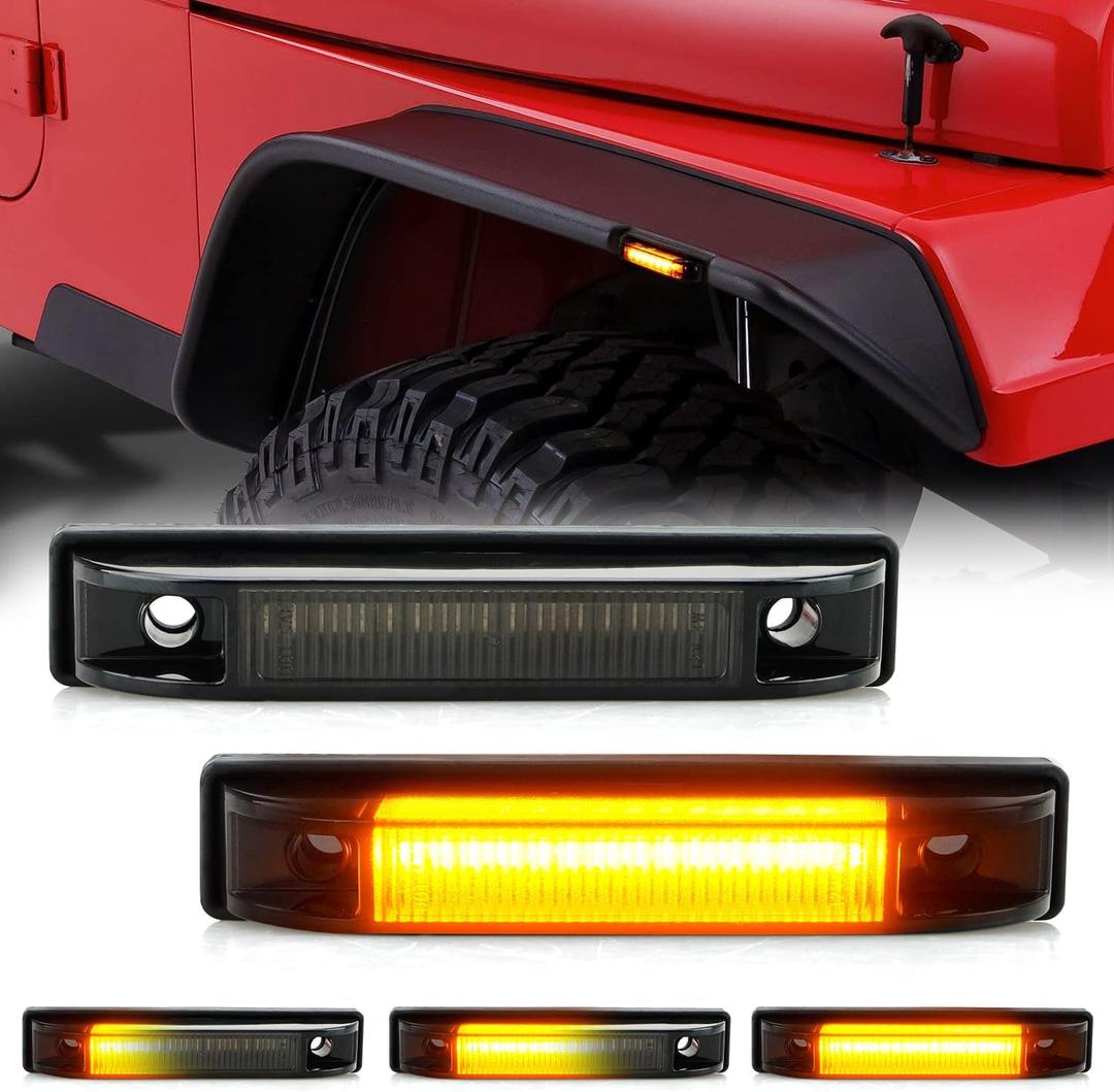 D-Lumina Fender Flare Side Marker Lights Smoked Lens Sequential Amber for Je-ep Wrangler TJ JK JL Bushwacker Flat Style Fender Flares, Front Fender Turn Signal Lamp Powered by 18-SMD LED, Pack of 2