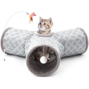 Tempcore 3-Way Collapsible Cat Tunnel Tube Toy, Fleece-Lined for Warmth, Kitty Tunnel with Peek Hole Toy Ball, Cat, Kitten, Small Breeds, Indoor (3-Way Geometry Grey)