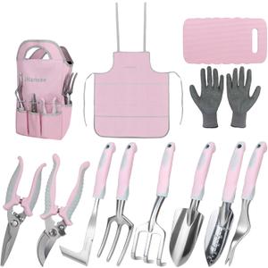Pink Garden Tool Sets 12 Pieces, iHansee Aluminum Gardening Hand Tools with Non-Slip Handle, Kneeling Pad, Apron, Gloves and Organizer Bag, Landscaping Tools - Gift for Women & Garden Enthusiasts