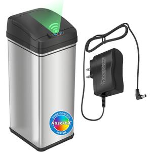iTouchless 50 Liter / 13 Gallon Kitchen Trash Can with AC Adapter, Lid & Odor Filter  Motion Sensor Stainless Steel Garbage Bin for Home, Office, or Garage  Slim, Large Capacity Design (Light Silver / AC)