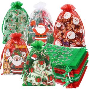 HRX Package 50pcs Organza Bags Xmas Pattern, 4x6 inch Small Christmas Gift Bags Mesh Candy Jewelry Pouches