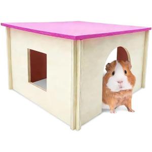 Fhiny Guinea Pig Wood House with Windows and Roof, Detachable Chinchilla Hut Hideout Hideaway Natural Hamster Habitat Decor for Hamsters Hedgehogs Squirrels or Other Small Animals (Random Color)