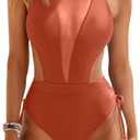 ZAFUL One Piece Swimsuit for Women Halter Neck Cutout Mesh Bathing Suit Sexy Open Back Ruched Drawstring Cheeky Swimwear (Brick Red)