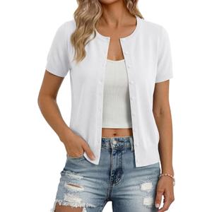 GRACE KARIN Women Short Sleeve Cardigan, 2026 Summer Knitted Sweater Tops, Basic Crew Neck Crop Outfits (White, M)