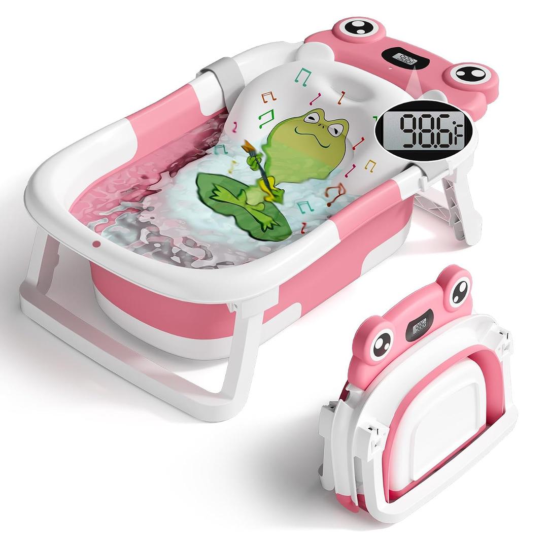 BUNWAG Baby Bathtub, Collapsible Newborn Bathtub for Infant to Toddler with Soft Cushion and Thermometer, Travel Newborn Tub with No-Slip Feet, Baby Shower Gifts, 0-12 Months Baby Bath, Rose Pink