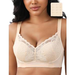 Womens Wireless Minimizer Bras Plus Size Lace Bralettes Nude 38DDD | No Underwire, Lightly Padded, Petal Pad, V Neck, Comfort Everyday Wear, Wirefree Supportive Bras for Large Bust, Size 36C-46G
