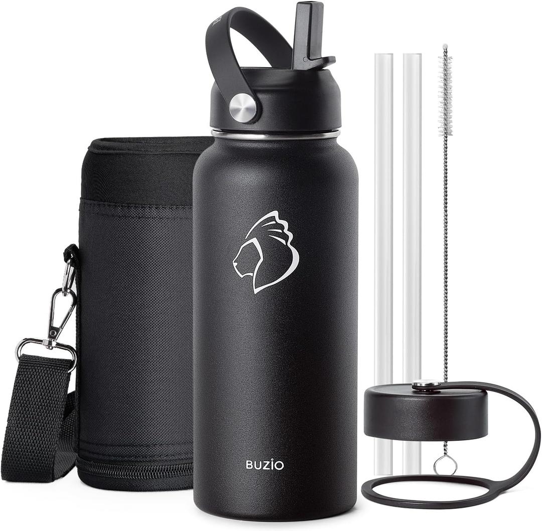 BUZIO Stainless Steel Water Bottle (Cold for 48 Hrs, Hot for 24 Hrs), 32 oz Vacuum Insulated Water Bottle with Straw Lid and Flex Cap (Double Wall, Wide Mouth, BPA Free, Leak Proof), Black