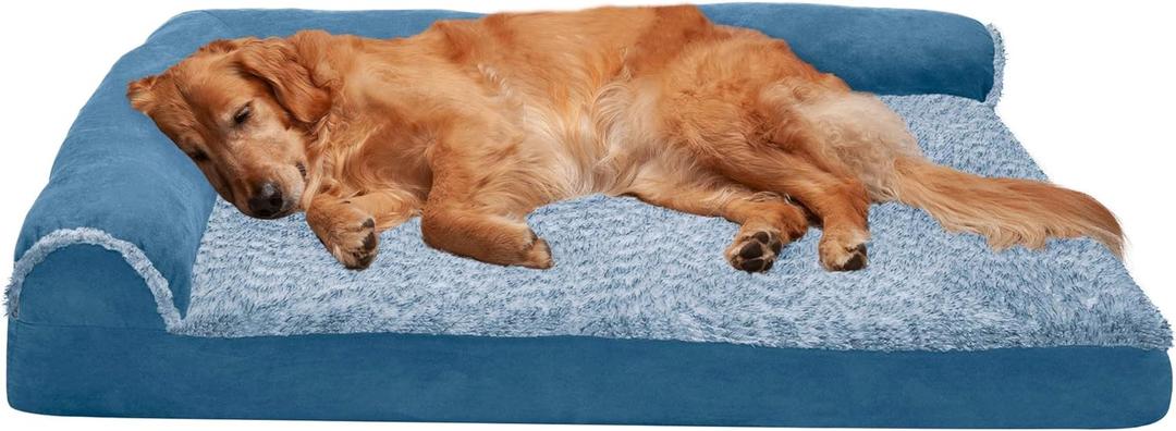 Furhaven Orthopedic Dog Bed for Large Dogs w/ Removable Bolsters & Washable Cover, For Dogs Up to 95 lbs - Two-Tone Plush Faux Fur & Suede L Shaped Chaise - Marine Blue, Jumbo/XL (40.0"L x 32.0"W x 8.0"Th, (Two-Tone Faux Fur & Suede) Marine Blue)