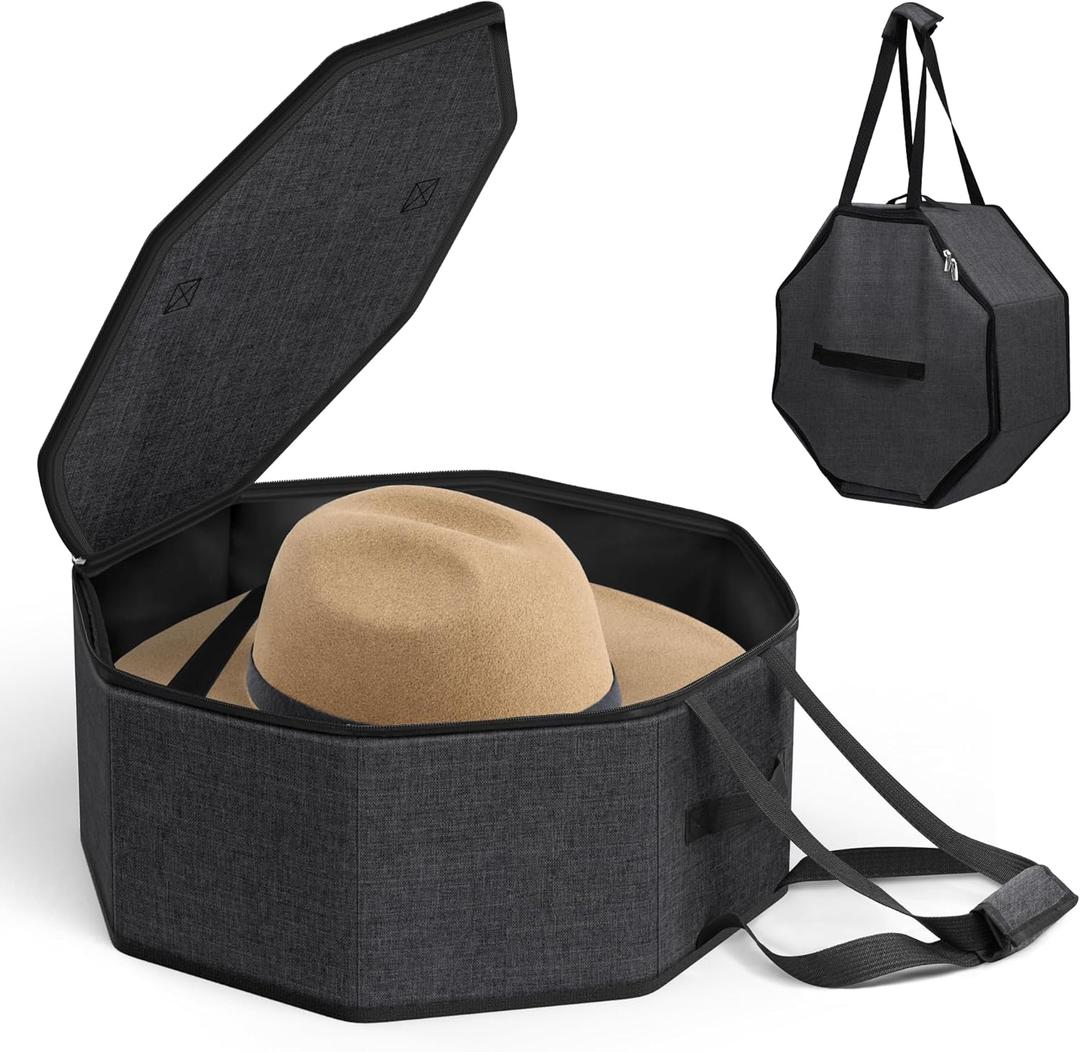 SLEEPING LAMB Hat Box for Travel and Storage, Collapsible Cowboy Cap Organizer for Closet with Handles, Hat Boxes for Men and Women Storage Large Cap Case Carrier with Cardbord, Black (16''L x 7''H)