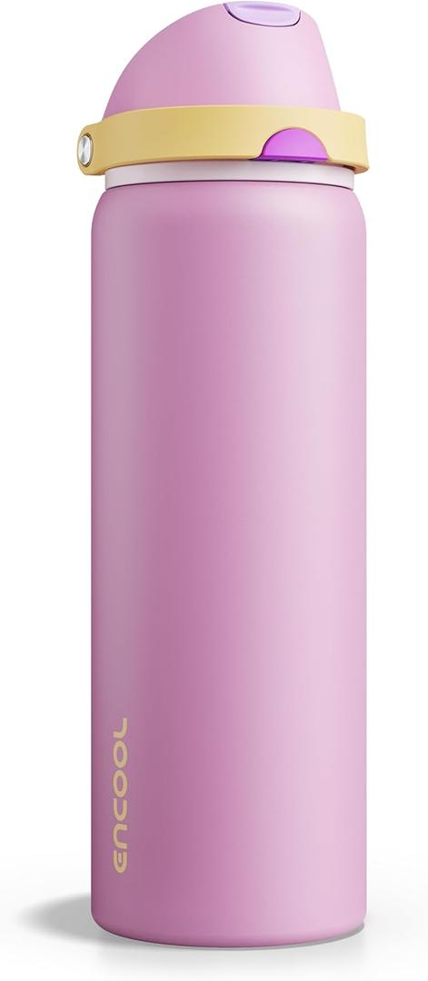 Insulated Water Bottle with Straw - Encool Stainless Steel Water Bottle with Push Button Lid, Leak-Proof & BPA-Free, Keeps Cold for 24 Hours for Sports, Travel, Gym (32 oz, Light Orchid-Fuchsia)
