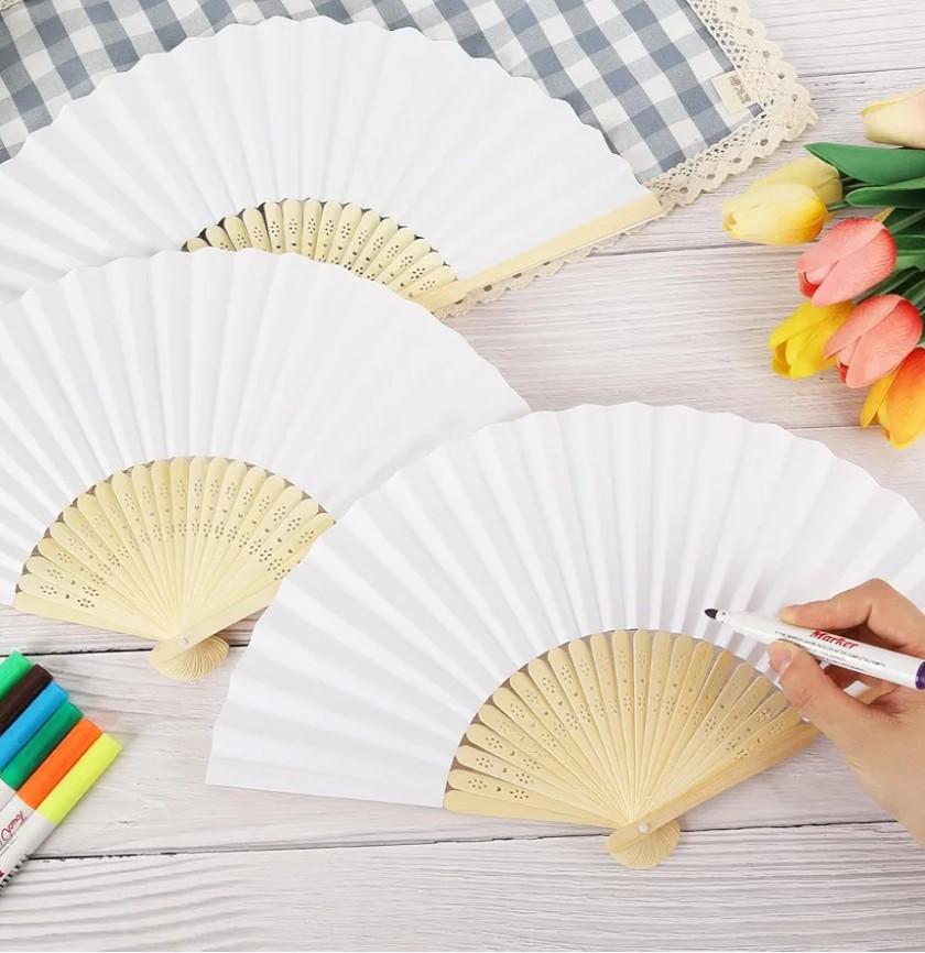 50pcs Paper Fans Handheld Folding Fans Bulk Fans for Line Dancing Bulk White Wedding Fans Folding Fans Handheld for Guest Dancing Party DIY Craft Photo Props Wall Decoration