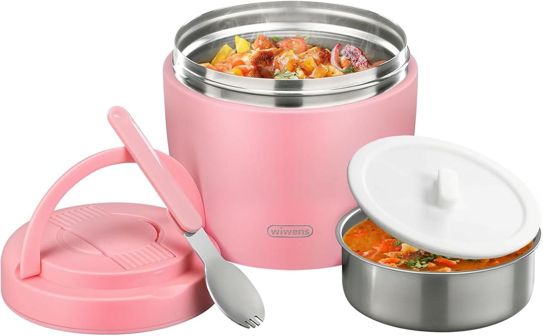 wiwens Thermo Food Jar for Hot Food Adults 32OZ Soup Thermo Lunch Containers Wide Mouth Vacuum Insulated Stainless Steel Leakproof Bento Box with Spoon (Pink2)