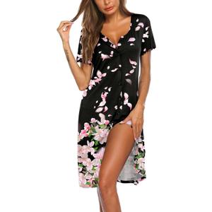 Ekouaer Women's Nightshirt Short Sleeve Button Down Nightgown V-Neck Sleepwear Pajama Dress (Black With Pink Flower), S