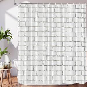 White Brick Wall Decor Shower Curtain Set,White Endless Rectangular Brick Wall Polyester Shower Curtain for Shower Stall Bathroom Waterproof with 12 Hooks 72x72 Inch
