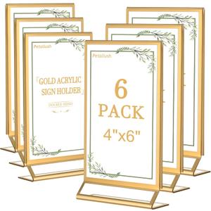 Petallush 6PCS Gold Acrylic Picture Frame Stands Holders for Tables Display 4x6, Double Sided Acrylic Wedding Table Number Sign Holder, Clear Menu Flyer Paper Holder for Wedding Party Decor