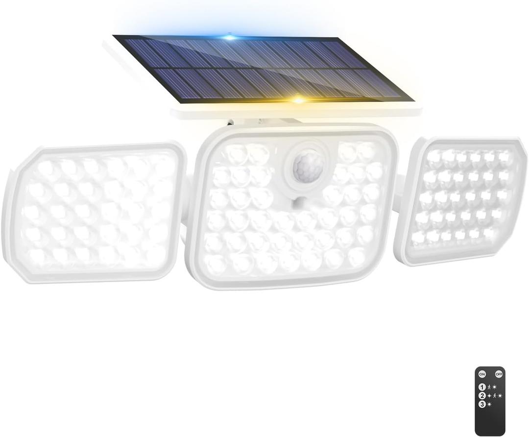 Peasur Solar Motion Lights Outdoor with Remote Control, Solar Security Light with 3 Modes, IP65 Waterproof Flood Lights Outside for Camping Garden Patio Garage Backyard, White (1 Pack)
