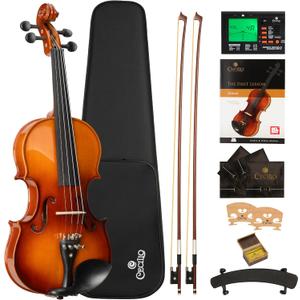Cecilio 4/4 Violin Set Full Size Fiddle Solidwood Ebony Fitted LEFT-HANDED Violin with D'Addario Prelude Strings | Complete Set with Hard Case, Bows, Tuner, Rosin & Shoulder Rest (Varnish)