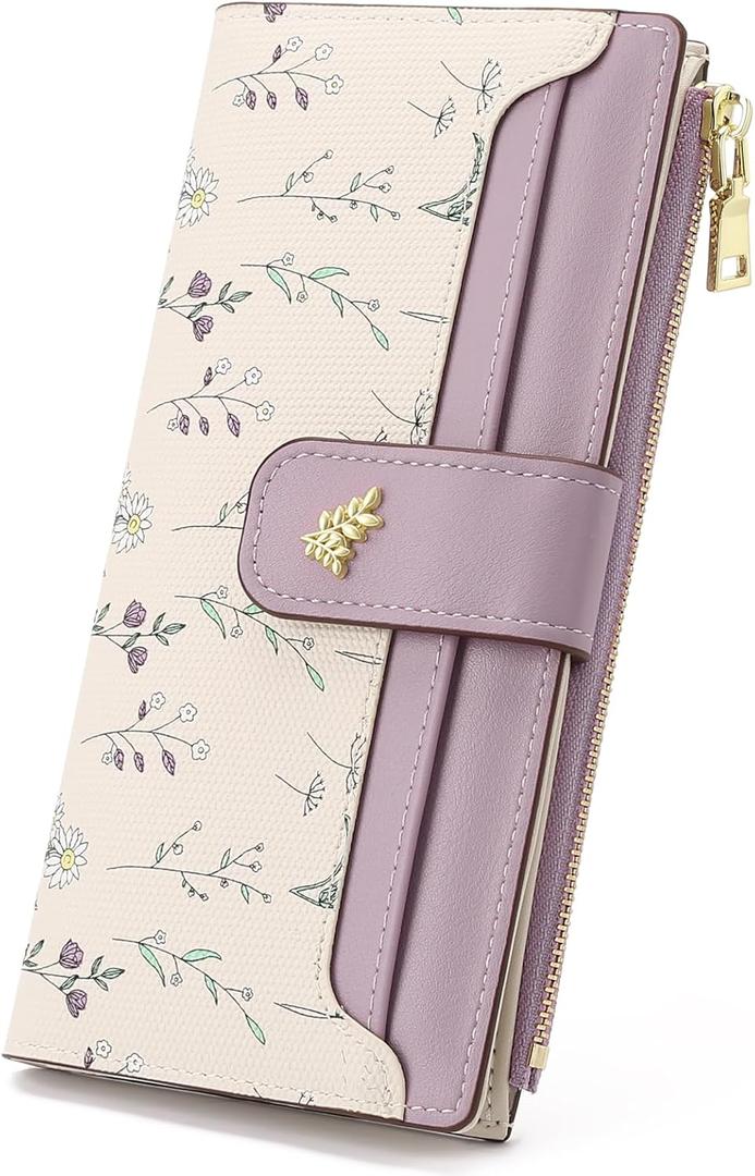 GAEKEAO Womens Wallet Slim Thin RFID Blocking Floral Vegan Leather Card Holder Bifold Long Ladies Wallet with Zipper Pocket (Purple)